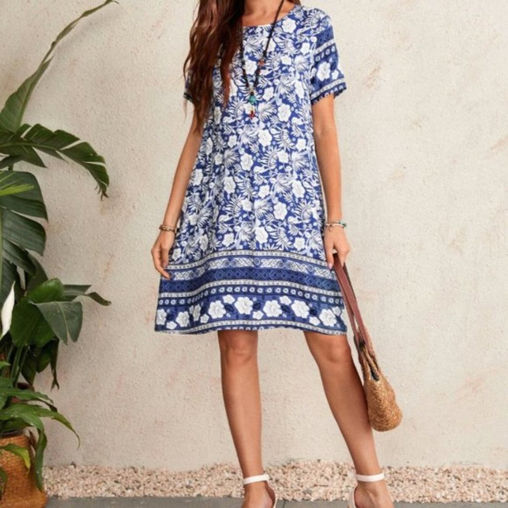 Boho Blue Floral Print Dress - Picture 3 of 7